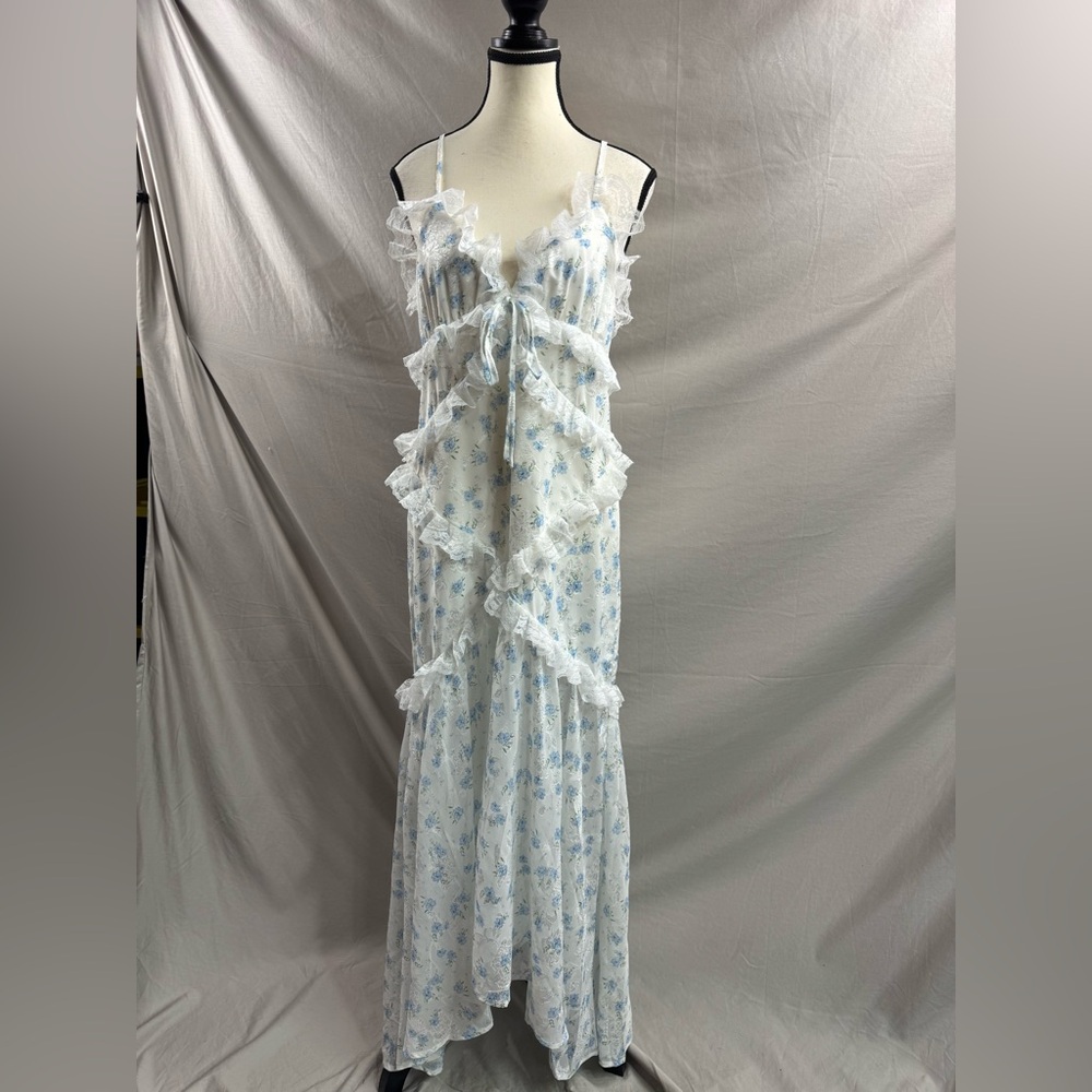 LAST ONE 🔥 Floral Chiffon Ruffle High-Low Maxi Dress Blue - Picture 9 of 11